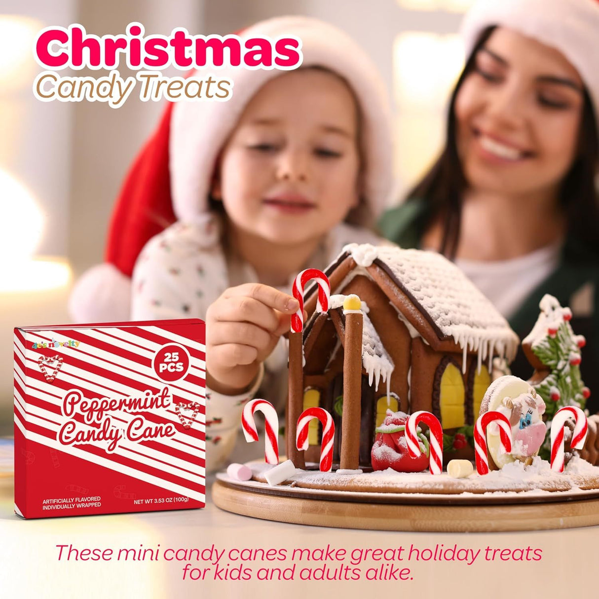 4E's Novelty 25 Pack Christmas Mini Individually Wrapped Candy Canes, Red and White Peppermint Candy Canes, Treats for Holiday Stockings