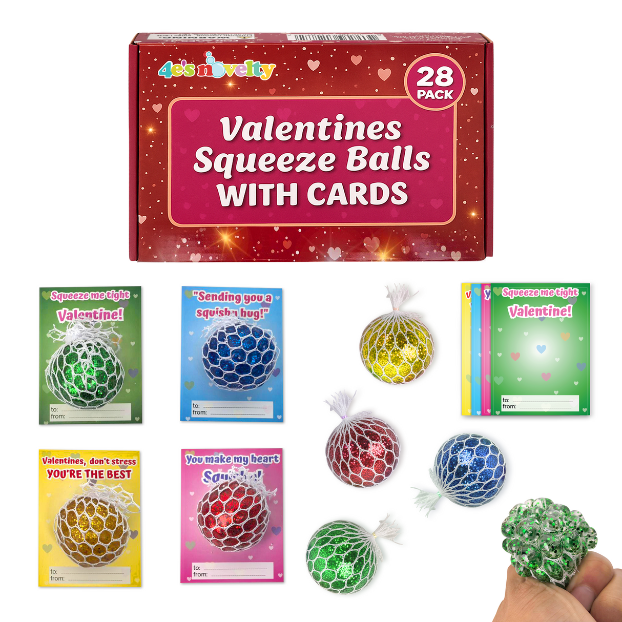 4E's Novelty Valentine Stretch Squeeze Balls with Cards (28 Pack)