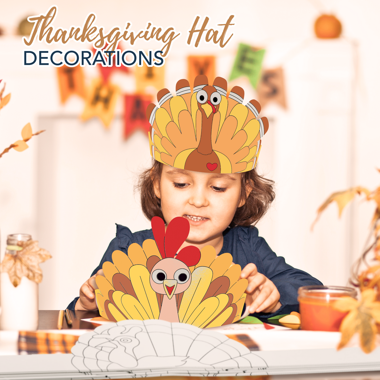 PRANK PANTRY Thanksgiving Paper Crowns, 24 Pcs Thanksgiving Hat Decorations, Color Your Own Turkey Hat Craft and headband