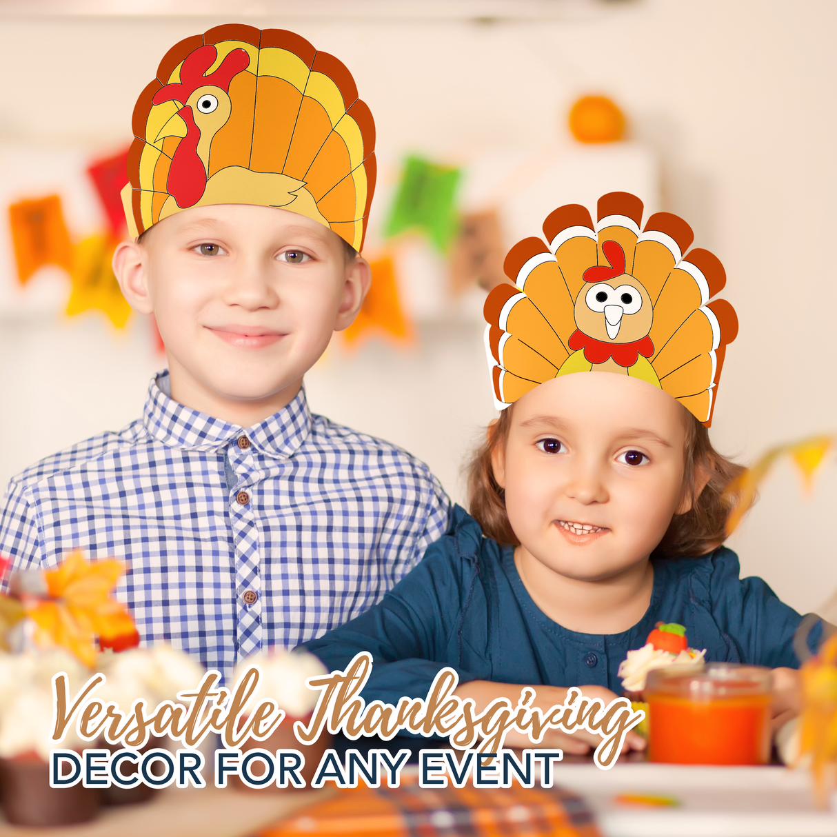 PRANK PANTRY Thanksgiving Paper Crowns, 24 Pcs Thanksgiving Hat Decorations, Color Your Own Turkey Hat Craft and headband