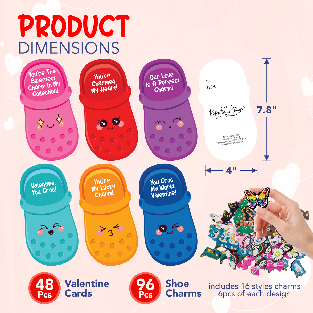 4E's Novelty 48 Pcs Classroom Valentines Cards with 96 Shoe Charms