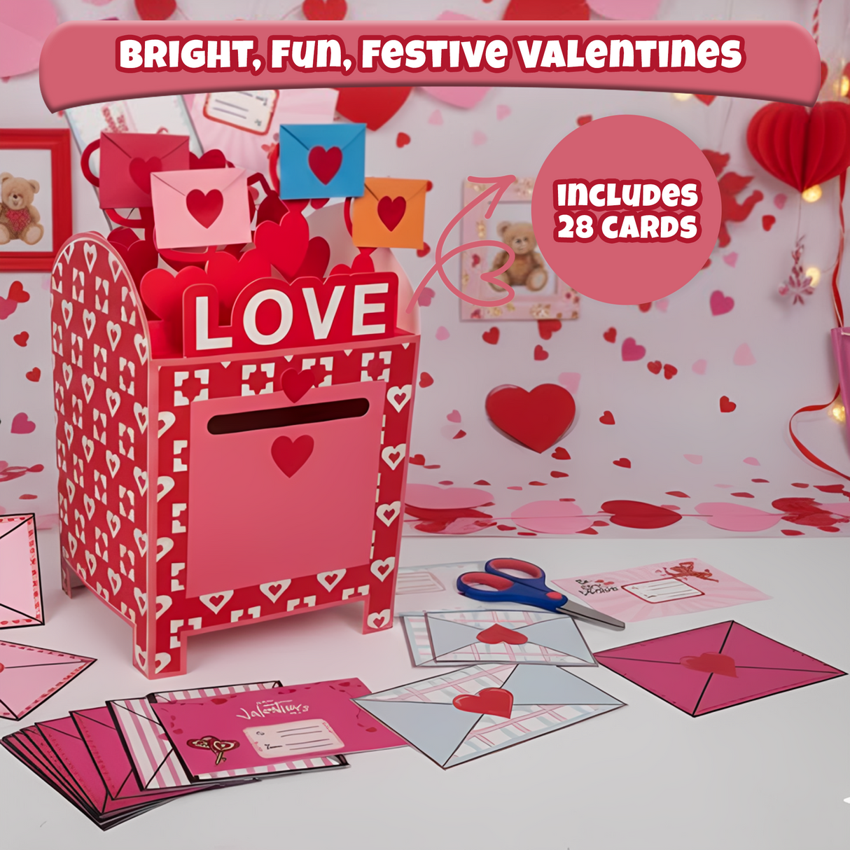 4E's Novelty 28 Pcs Valentines Mailbox with Cards for Kids