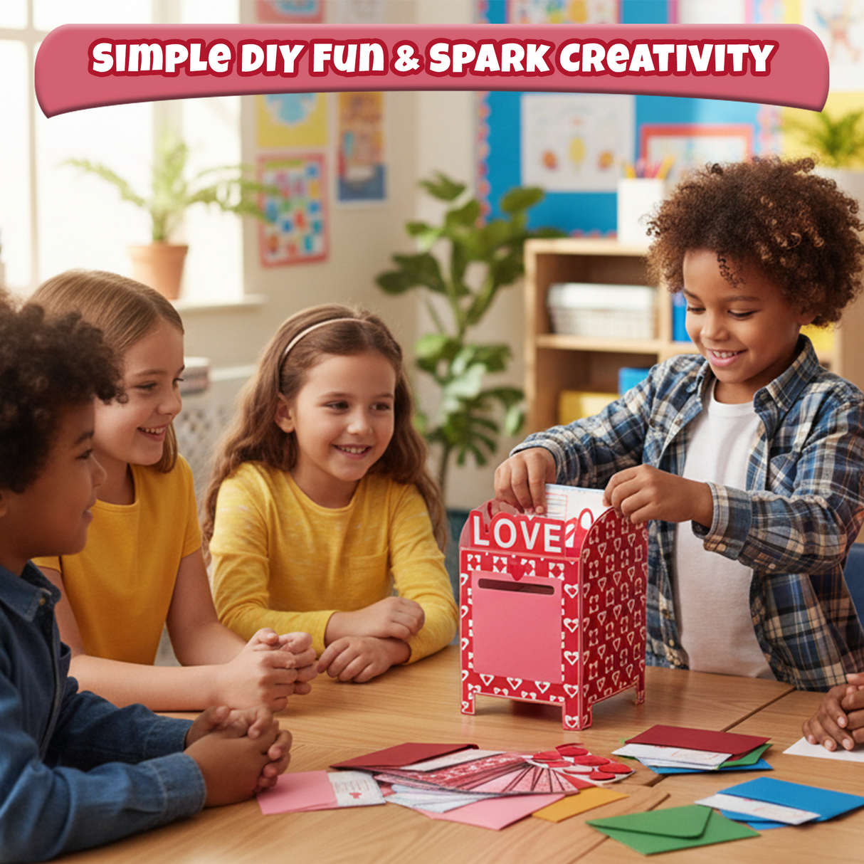 4E's Novelty 28 Pcs Valentines Mailbox with Cards for Kids