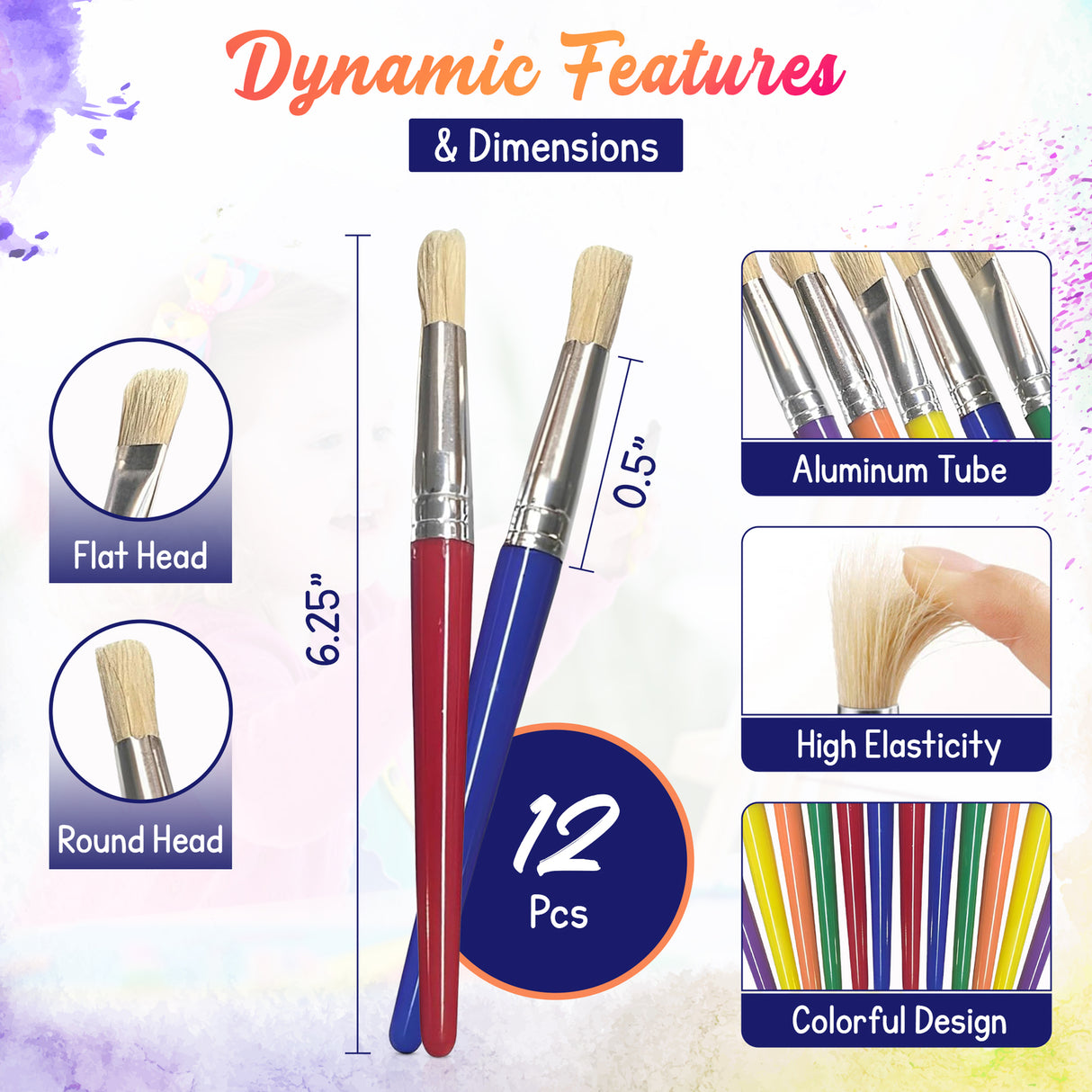 4E's Novelty 12Pcs Kids Paint Brushes, Thick Paint Brushes for Kids