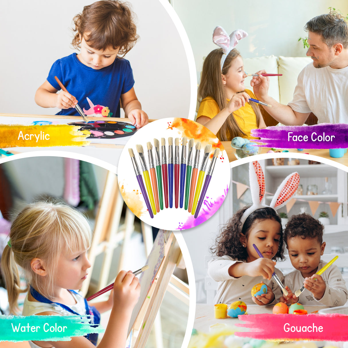 4E's Novelty 12Pcs Kids Paint Brushes, Thick Paint Brushes for Kids