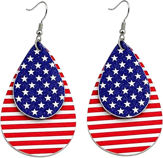 4E's Novelty 4th of July Earrings for Women , Red White Blue Faux Leather Dangle