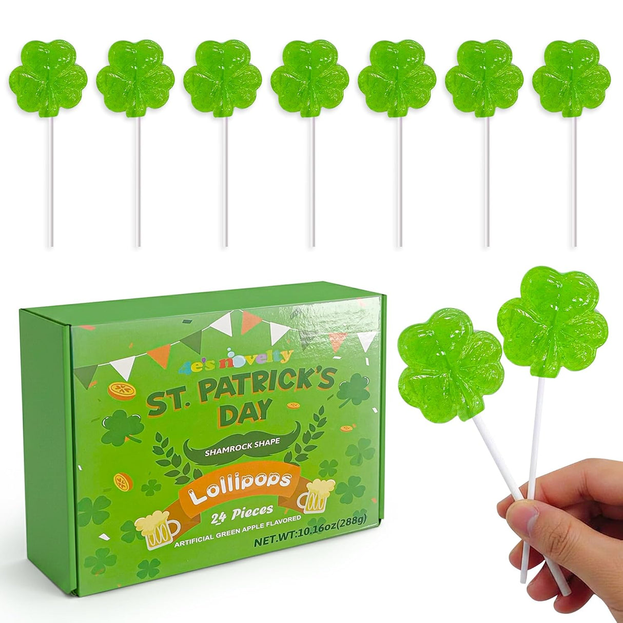 4E's Novelty 24 Pack Green Apple St. Patrick's Day Shamrock Lollipops