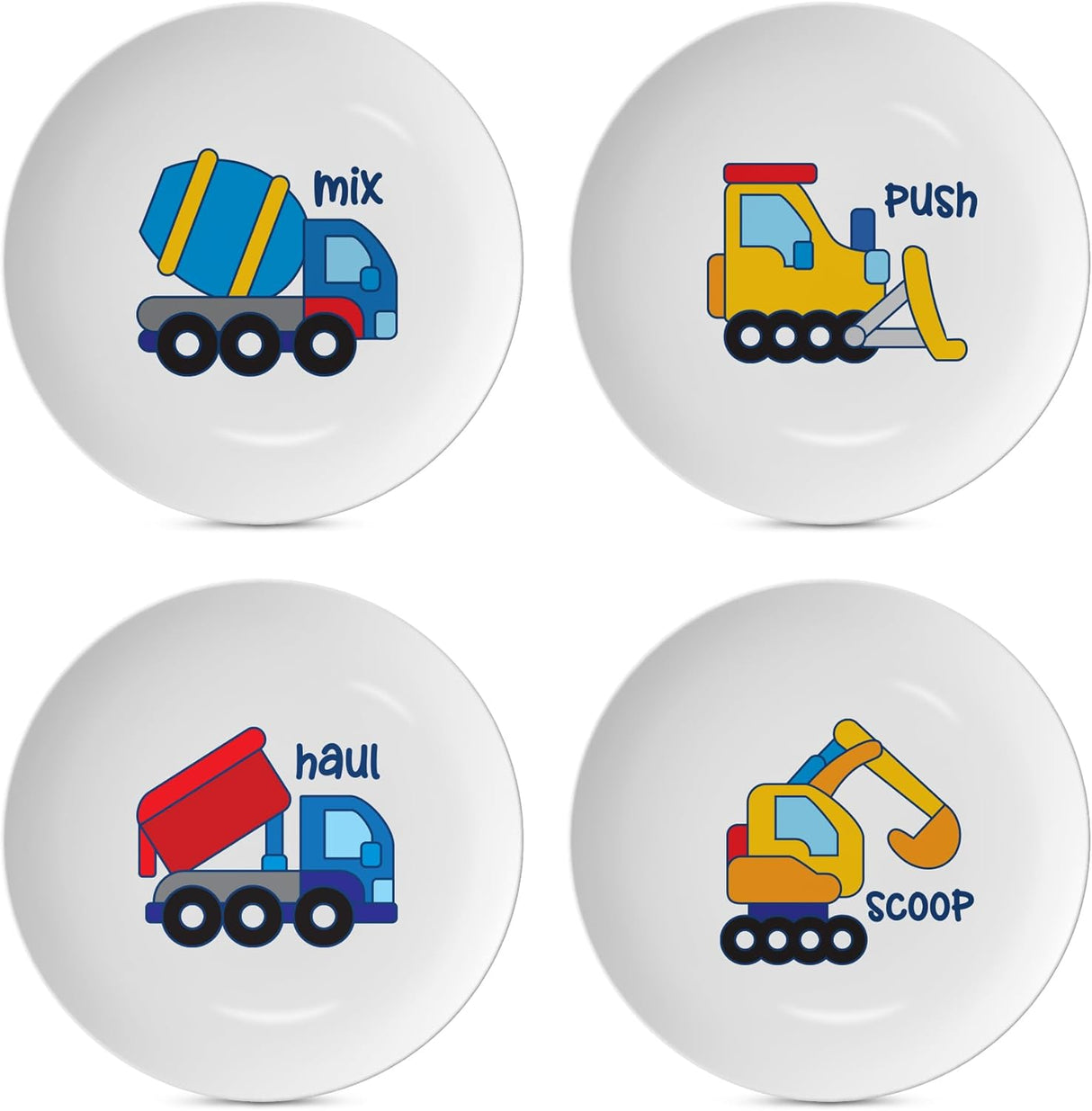 4E's Novelty 4 Melamine Kids Plate Set for Boys, Truck Theme Plate