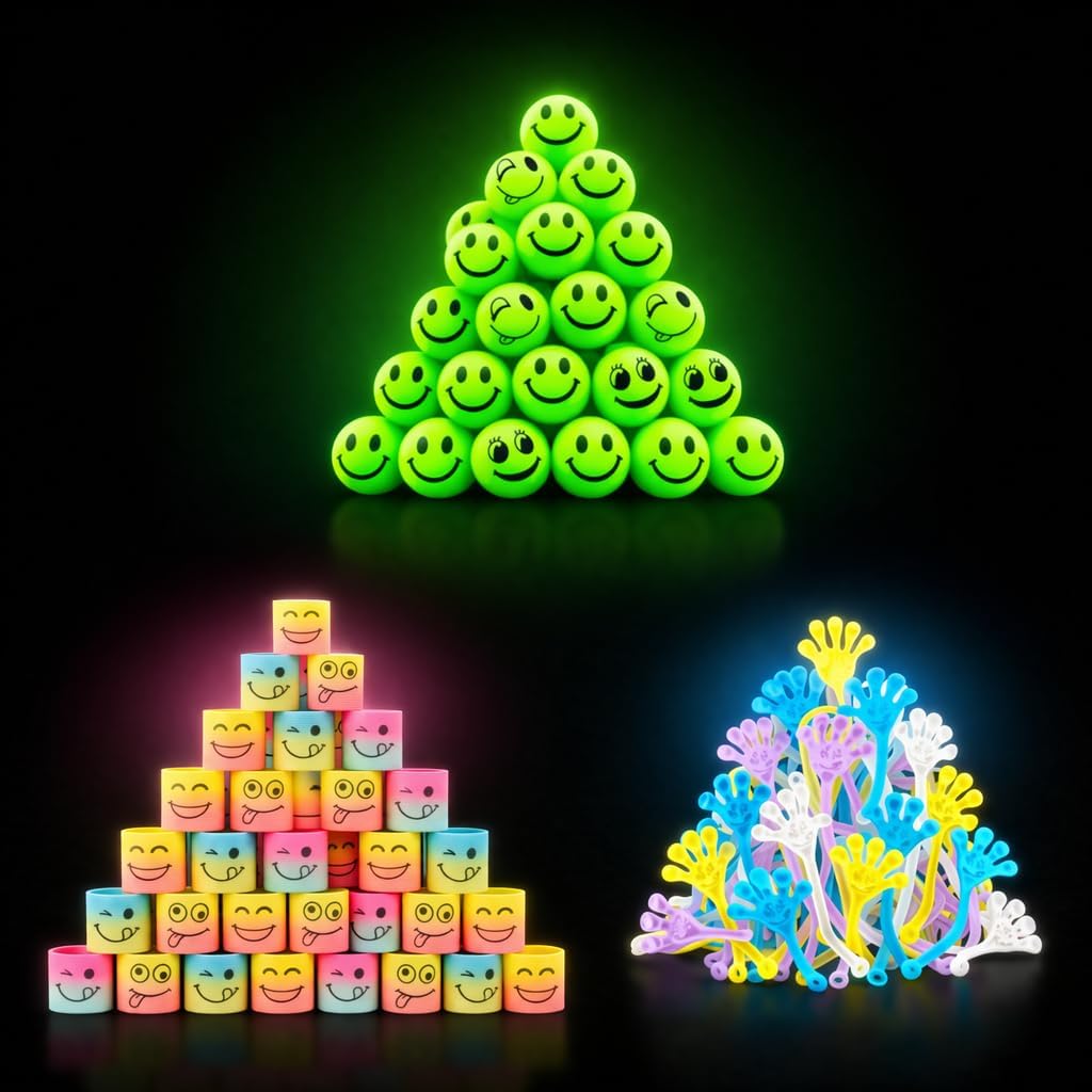 4E’s Novelty 108-Piece Glow in the Dark Party Favors – Bouncy Balls, Sticky Hands & Spring Toys
