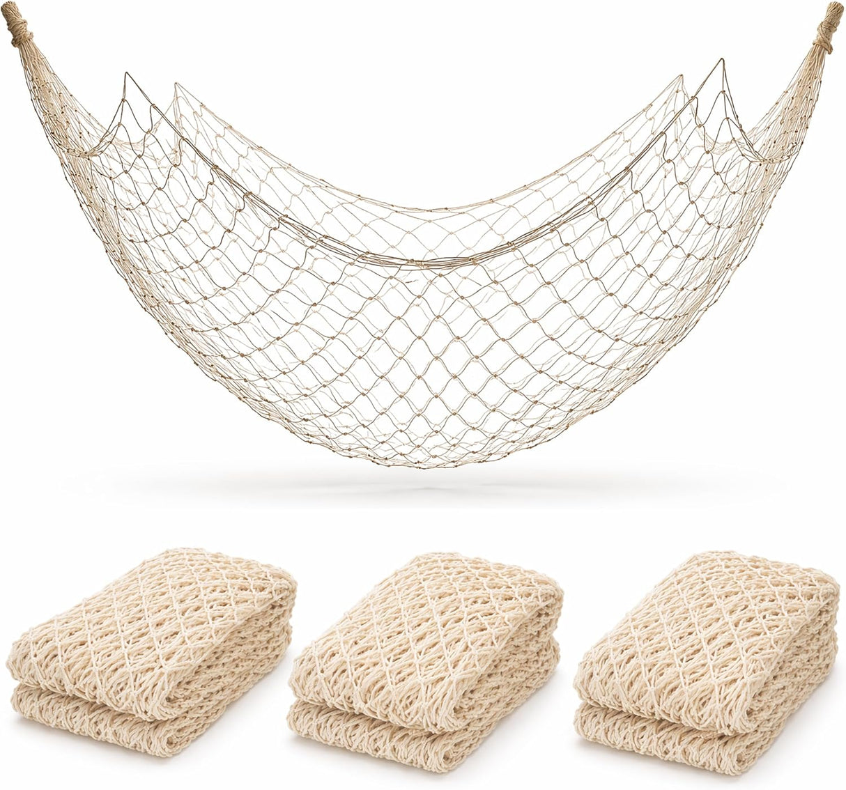 4E's Novelty Fish Net Decorative - Pack of 3 - Natural Cotton Fishnet Decor - Each 14 x 4 feet - for Mermaid Party Decorations, Luau Tropical Nautical Beach Table Cover