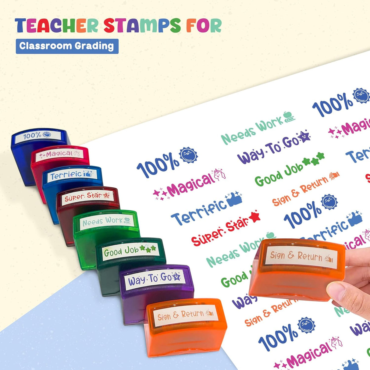 4E's Novelty Teacher Stamps for Classroom Grading, 8 Pcs Teacher Stamp