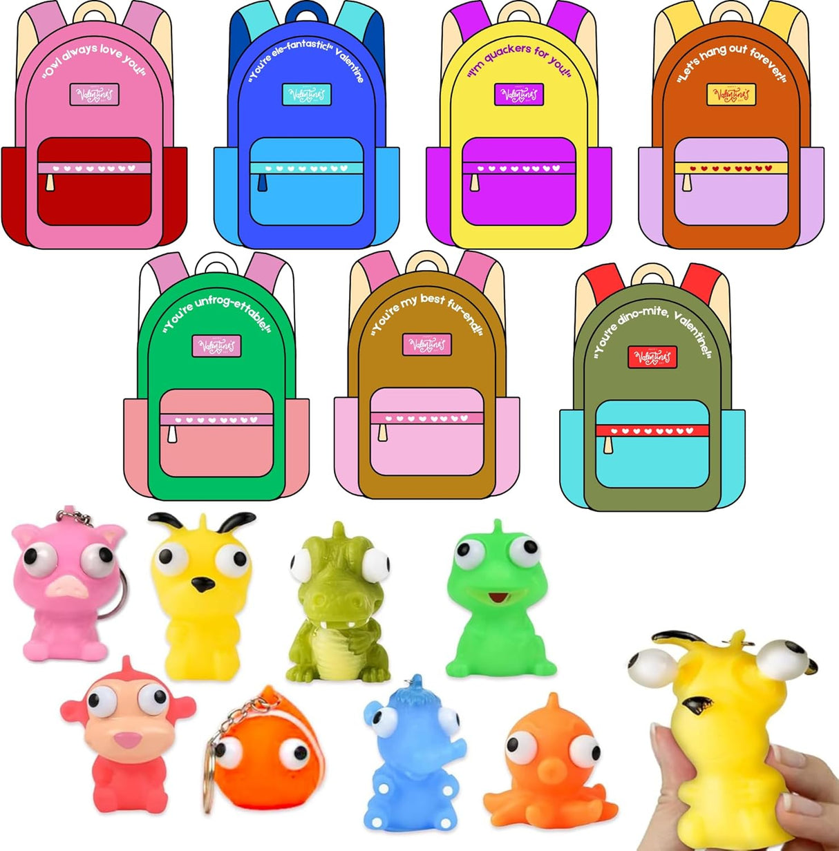 4E's Novelty 24 Pack Popping Eye Animal Keychain with Valentines Cards