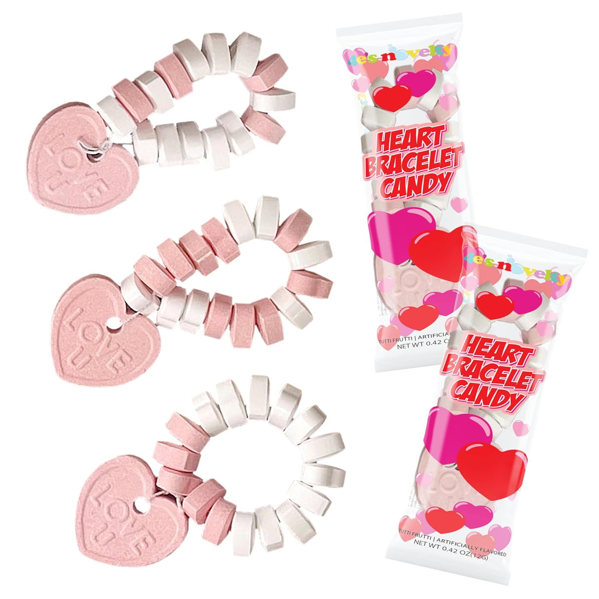 4E's Novelty 30 Packs Heart Candy Bracelet, Valentine Candies Bracelets Individually Wrapped