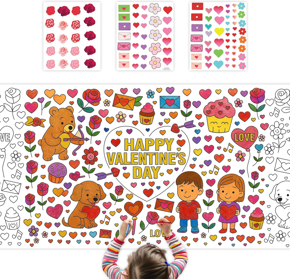 4E's Novelty Valentine Coloring Tablecloth & Stickers Set