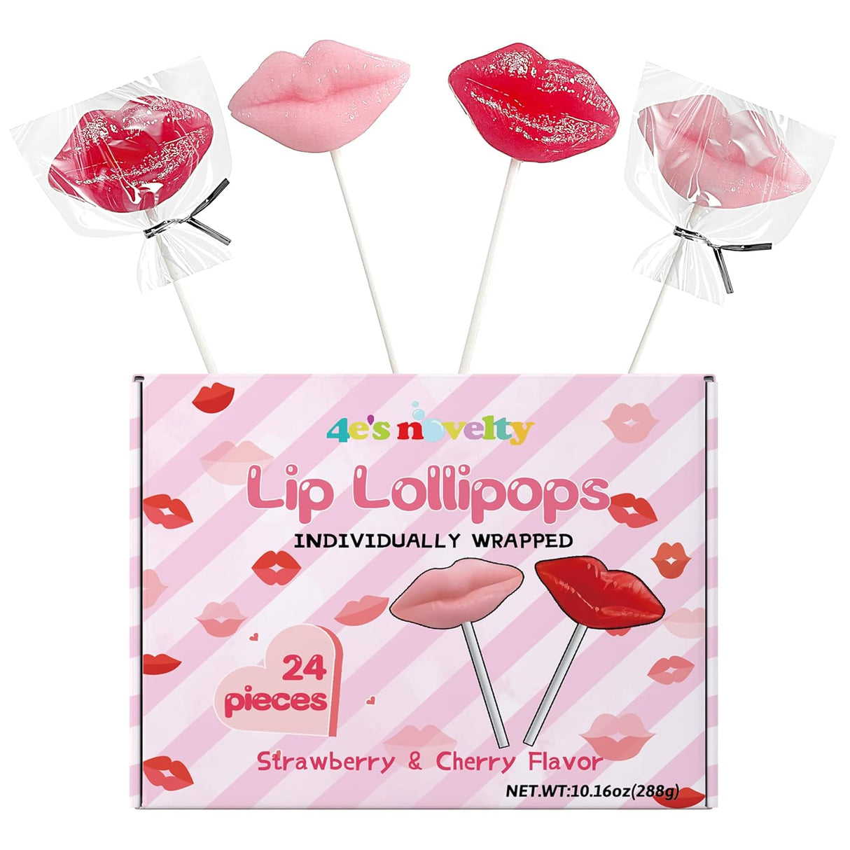 4E's Novelty 24 Pack Lip Lollipops, Individually Wrapped Yummy Lips Lollipop Bulk
