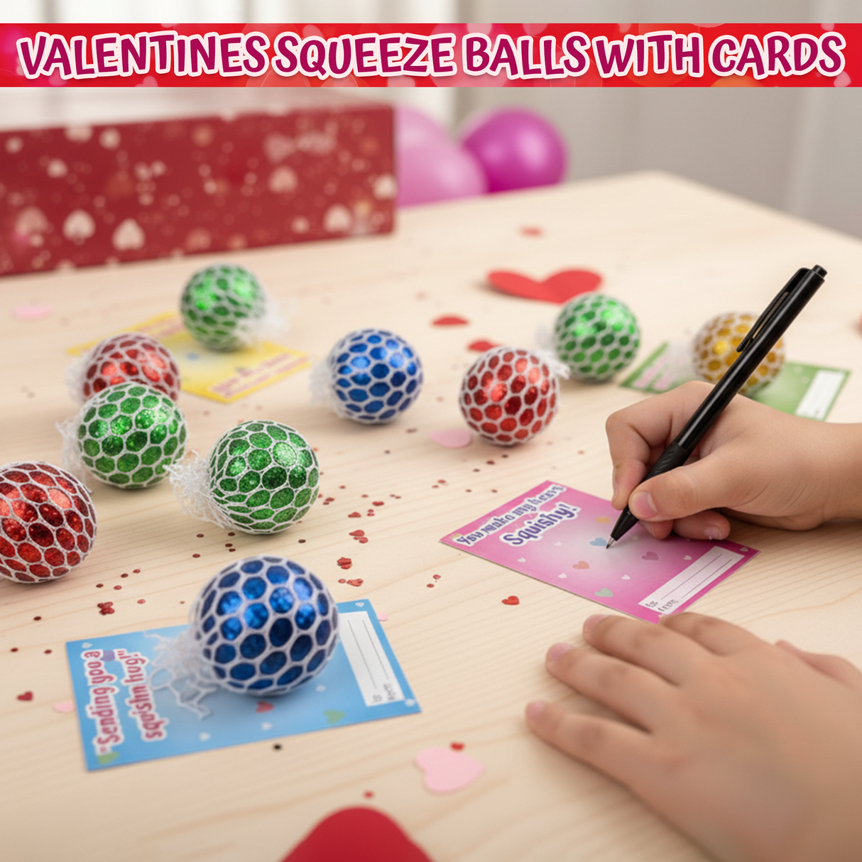 4E's Novelty Valentine Stretch Squeeze Balls with Cards (28 Pack)
