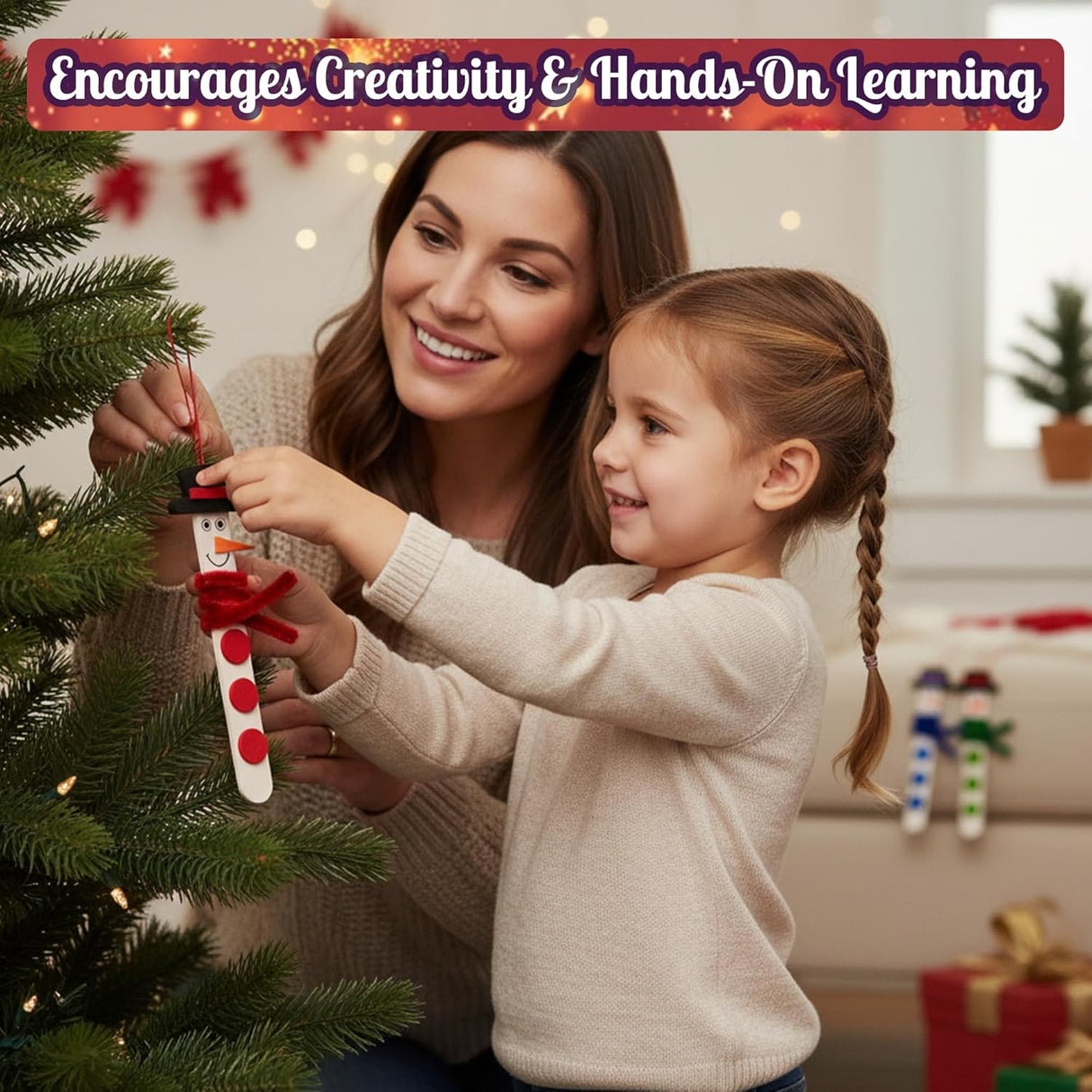 4E's Novelty 12 Pack Christmas Snowman Stick Ornament Craft Kit - Fun DIY Snowman Ornament Kit, Complete Snowman Popsicle Stick Craft for Ages 2-8