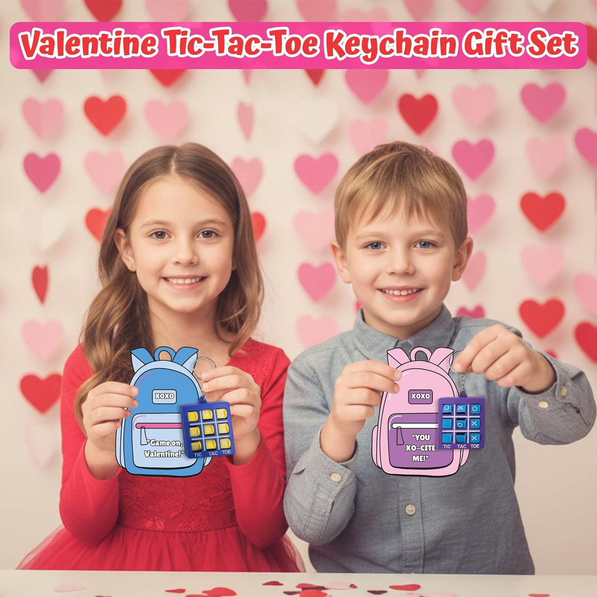 4E's Novelty 24 Pack Classroom Valentine Cards with Tic Tac Toe Keychains
