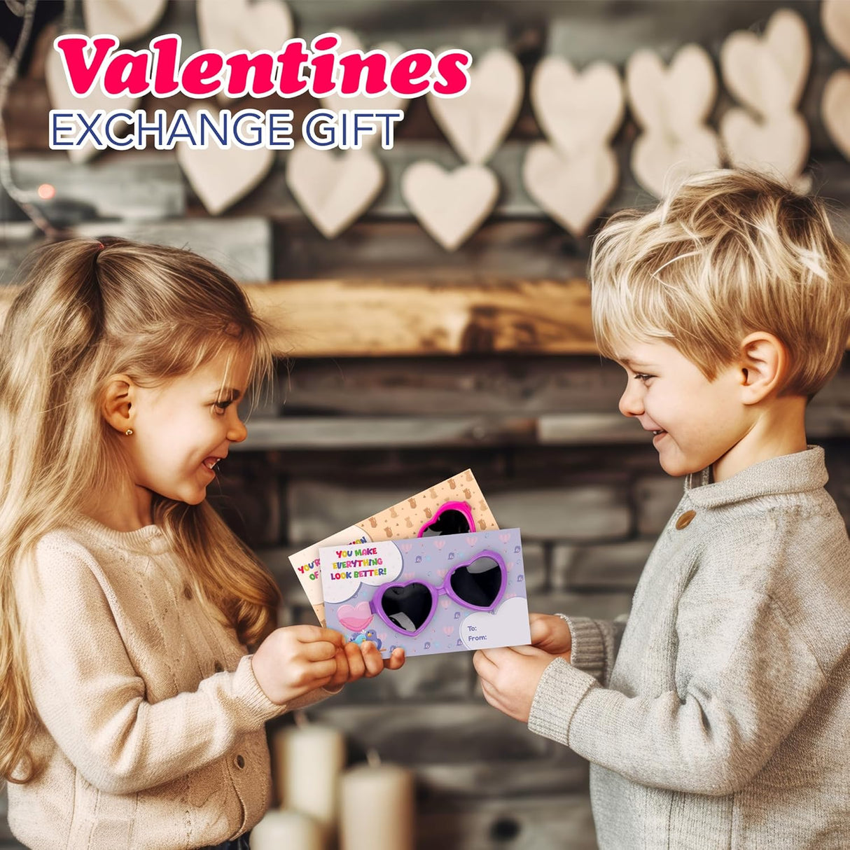 4E's Novelty 32 Pack Valentines Day Heart Glasses for Kids - Bulk With Cards