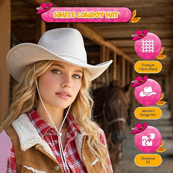 4E's Novelty White Felt Cowboy Hat with Chinstrap – Unisex Western Style for All Occasions