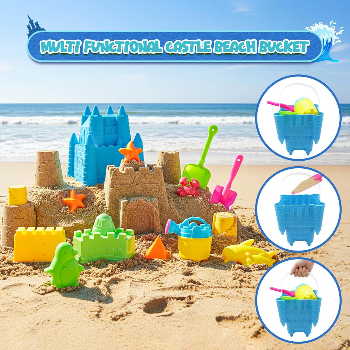 4E's Novelty Kids Beach Toys 17 Pcs – Sand Set w/ Bucket & Mesh Bag