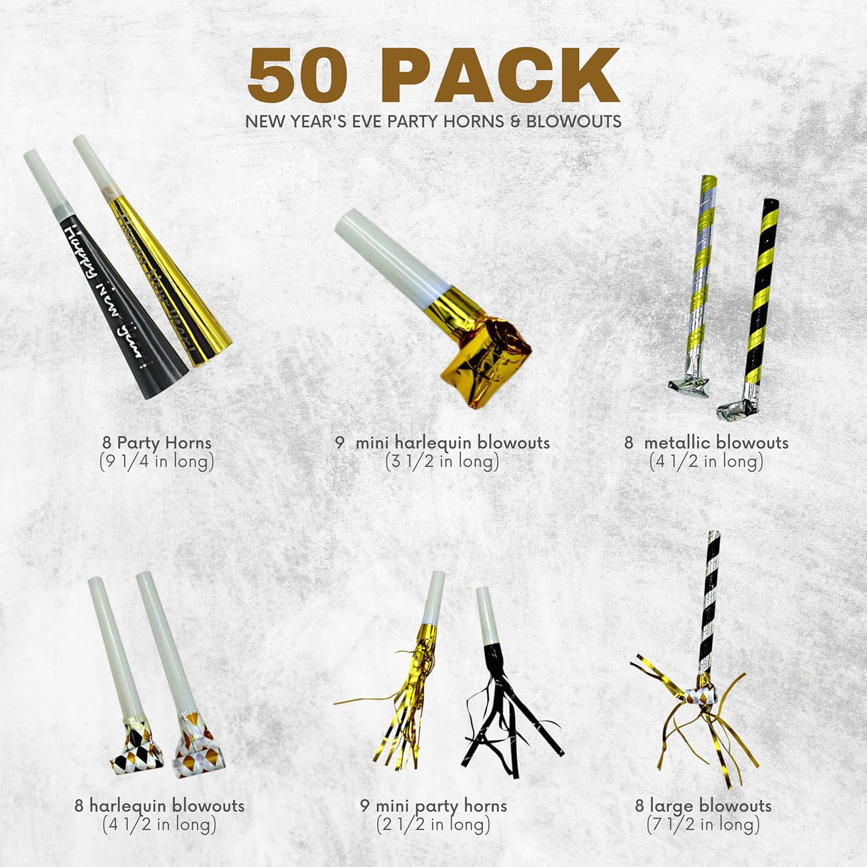 4E's Novelty 50 Pack NYE Noisemakers – New Years Eve Party Supplies