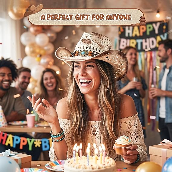 4E's Novelty White Cowboy Hat Straw For Women, Large Womens White Cowboy Hat