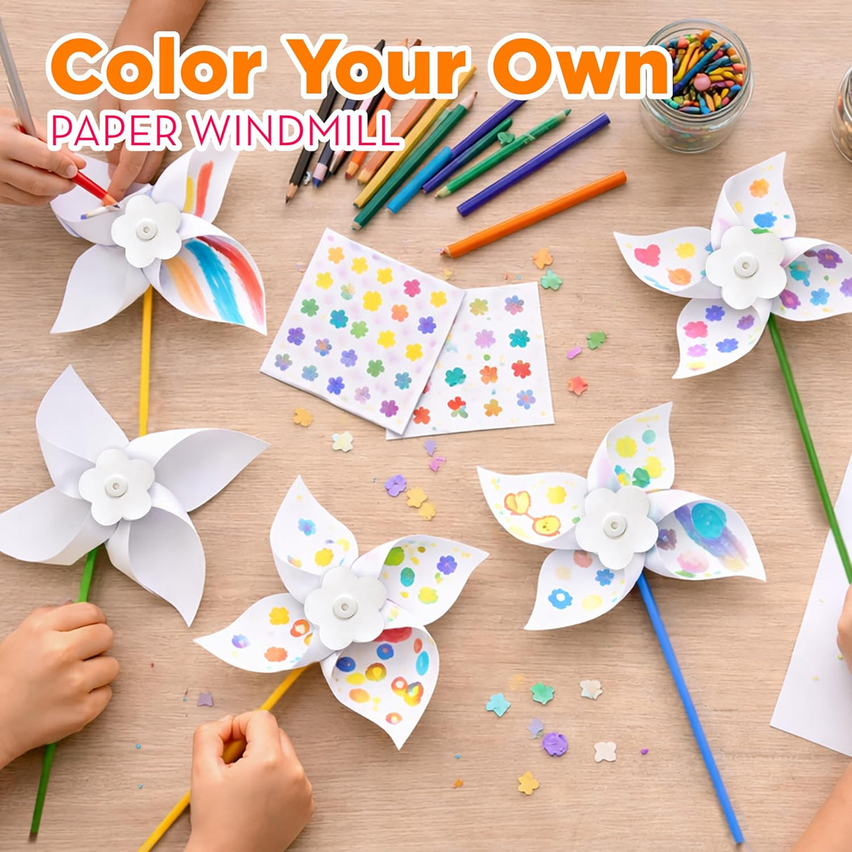 4E's Novelty DIY Pinwheels Craft for Kids – 48 Pack Color Your Own White Pinwheels Kit