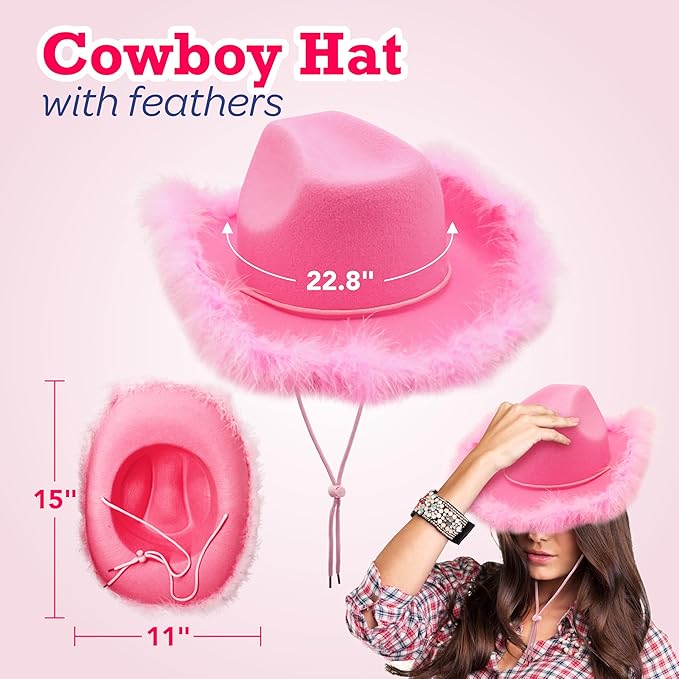 4E's Novelty Pink Cowgirl Hat with Feathers & Heart Sunglasses for Women