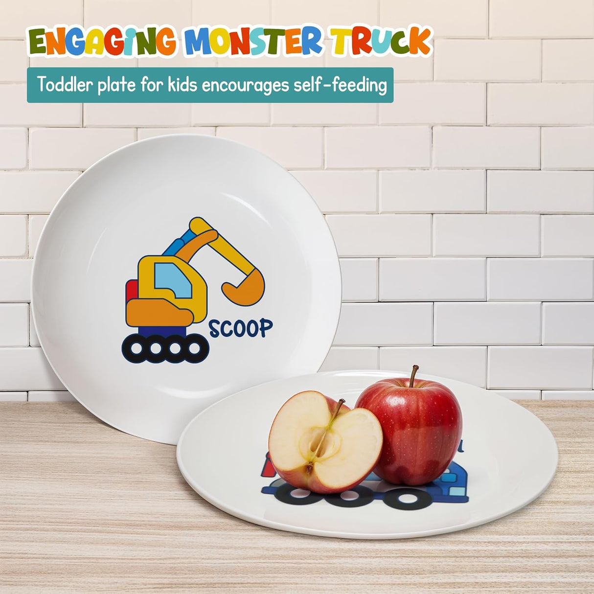 4E's Novelty 4 Melamine Kids Plate Set for Boys, Truck Theme Plate