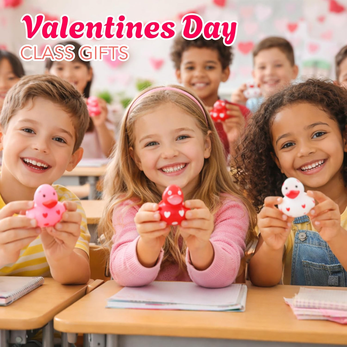 4E's Novelty 24-Pack Mini Valentines Rubber Ducks – Red Ducks with Heart Design for Party Favors