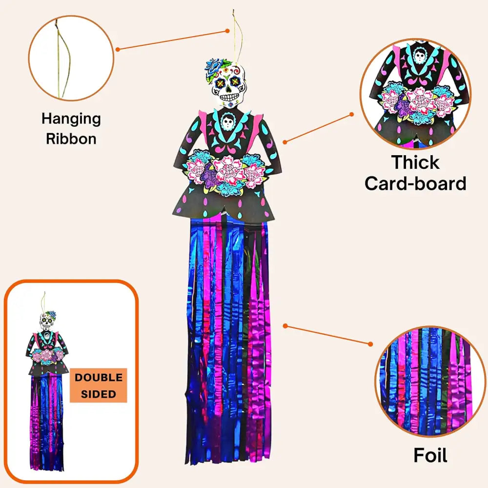 3 Pack 36’’ Day of Dead Halloween Hanging Decorations - Dia de Los Muertos Decorations - Party Decoration