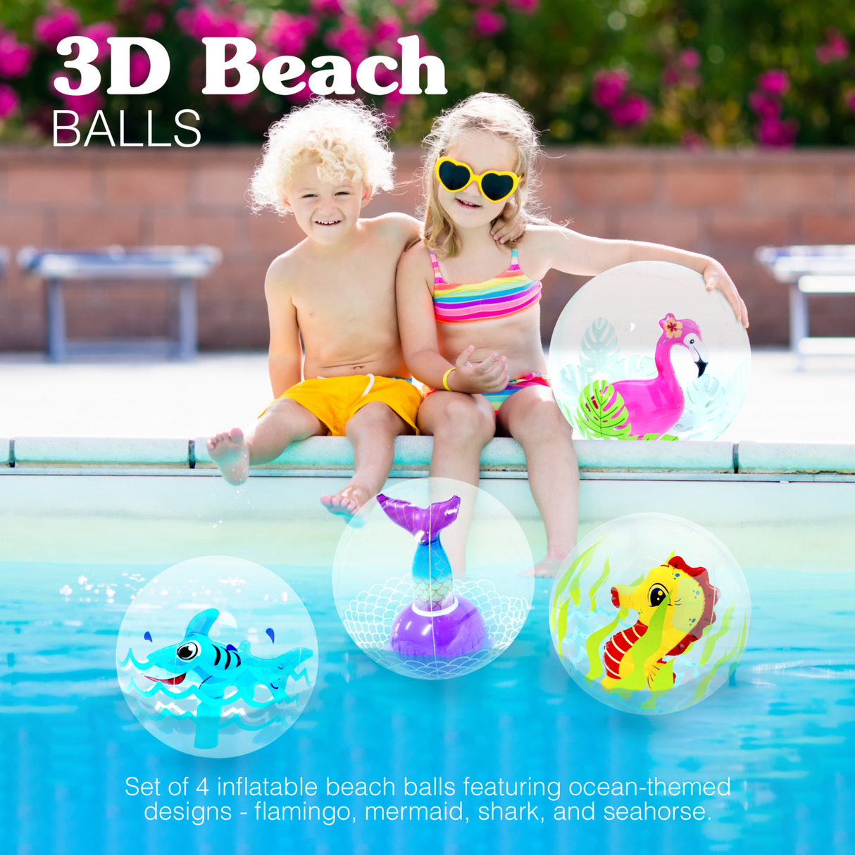 3D Beach Balls, Summer Toys for Kids - 4 pcs Mini Beach Balls for Toddlers 1-3