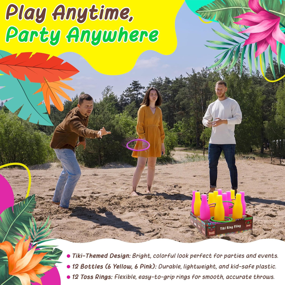 4E's Novelty Tiki Bottle Ring Toss Game Set 12 Colorful Bottles – Fun Luau Party Games for All Ages