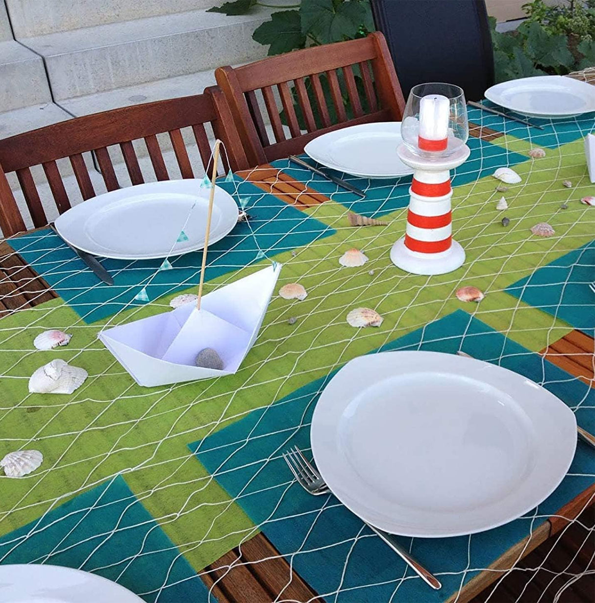 4E's Novelty Fish Net Decorative - Pack of 3 - Natural Cotton Fishnet Decor - Each 14 x 4 feet - for Mermaid Party Decorations, Luau Tropical Nautical Beach Table Cover