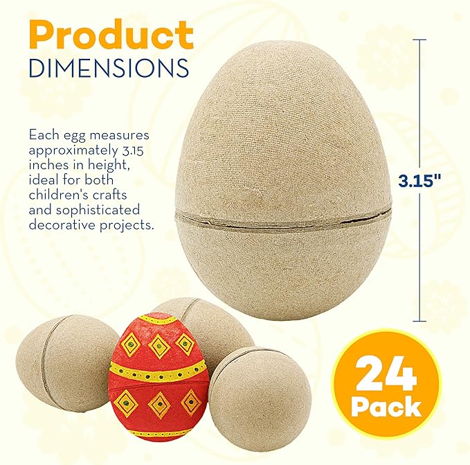 4E's Novelty DIY Paper Mache Easter Eggs to Paint 24 Pack – Paintable & Fillable Blank Craft Eggs for Kids & Adults, Easter Crafts DIY