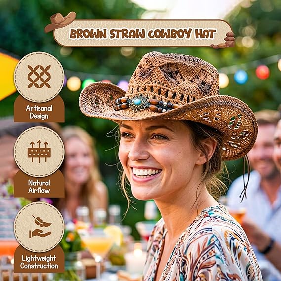 4E's Novelty Brown Straw Cowgirl Hat for Women Raffia Straw
