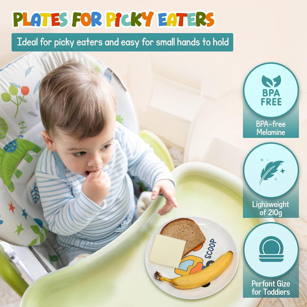 4E's Novelty 4 Melamine Kids Plate Set for Boys, Truck Theme Plate