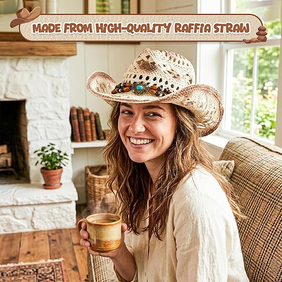 4E's Novelty White Cowboy Hat Straw For Women, Large Womens White Cowboy Hat