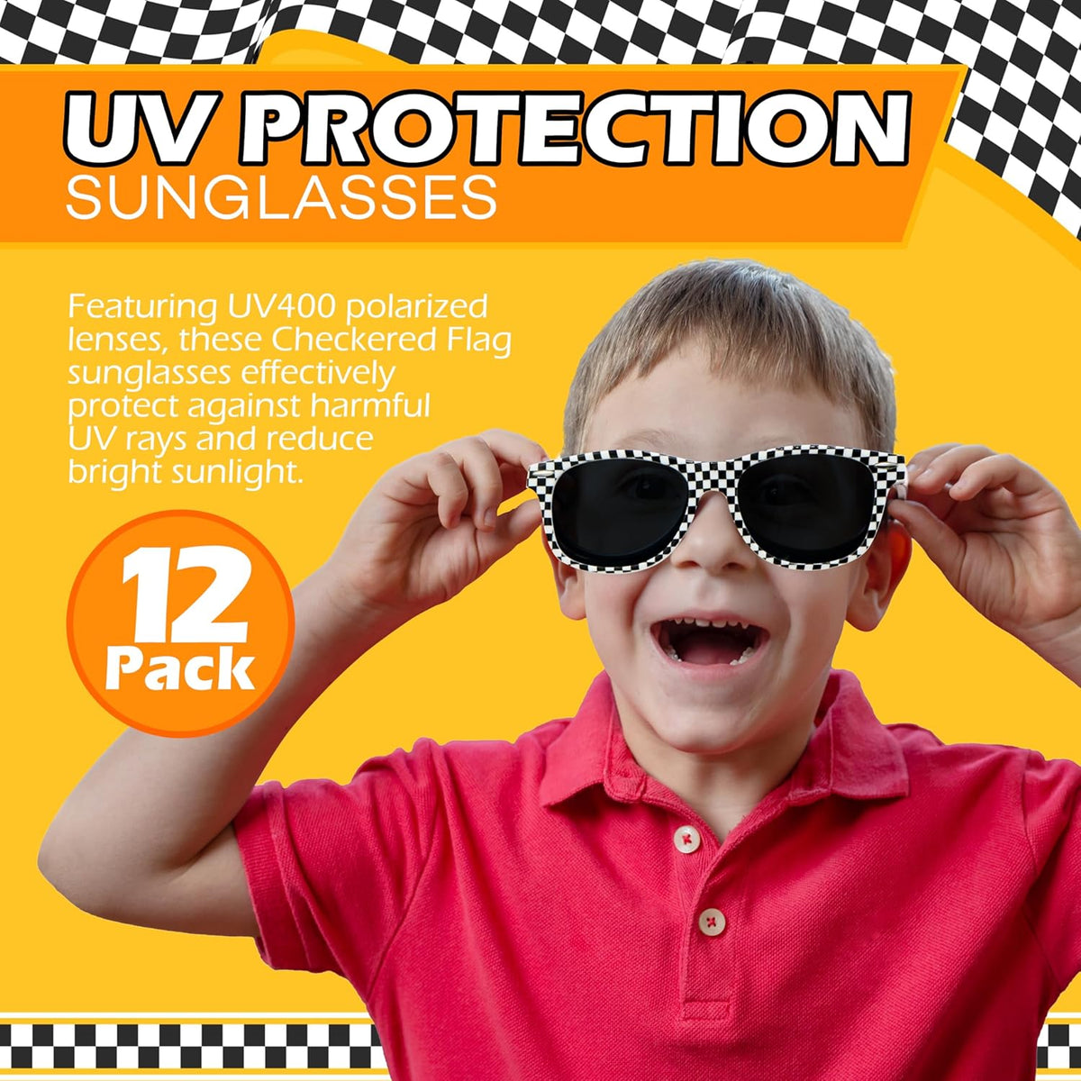 4E's Novelty 12 Pack Checkered Race Car Sunglasses - Party Favors for Kids & Adults