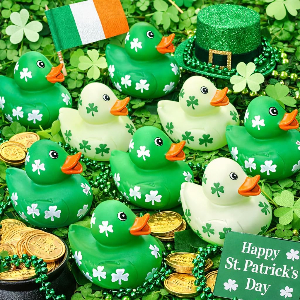 4E's Novelty 24 Pcs St. Patrick's Day Rubber Ducks – Shamrock Duckies Bulk Party Favors for Kids