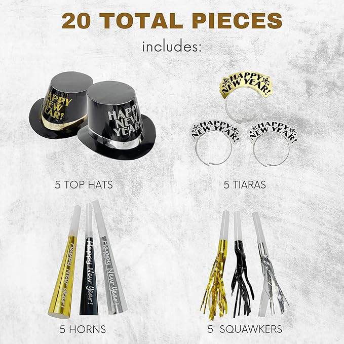 4E's Novelty New Year’s Eve Party Supplies 2025 Kit for 10 – 5 Black Top Hats, 5 Glitter Tiaras, 5 Party Horns & 5 Fringe Noise Makers – Gold & Silver NYE Accessories for Countdown Party & Photo Props