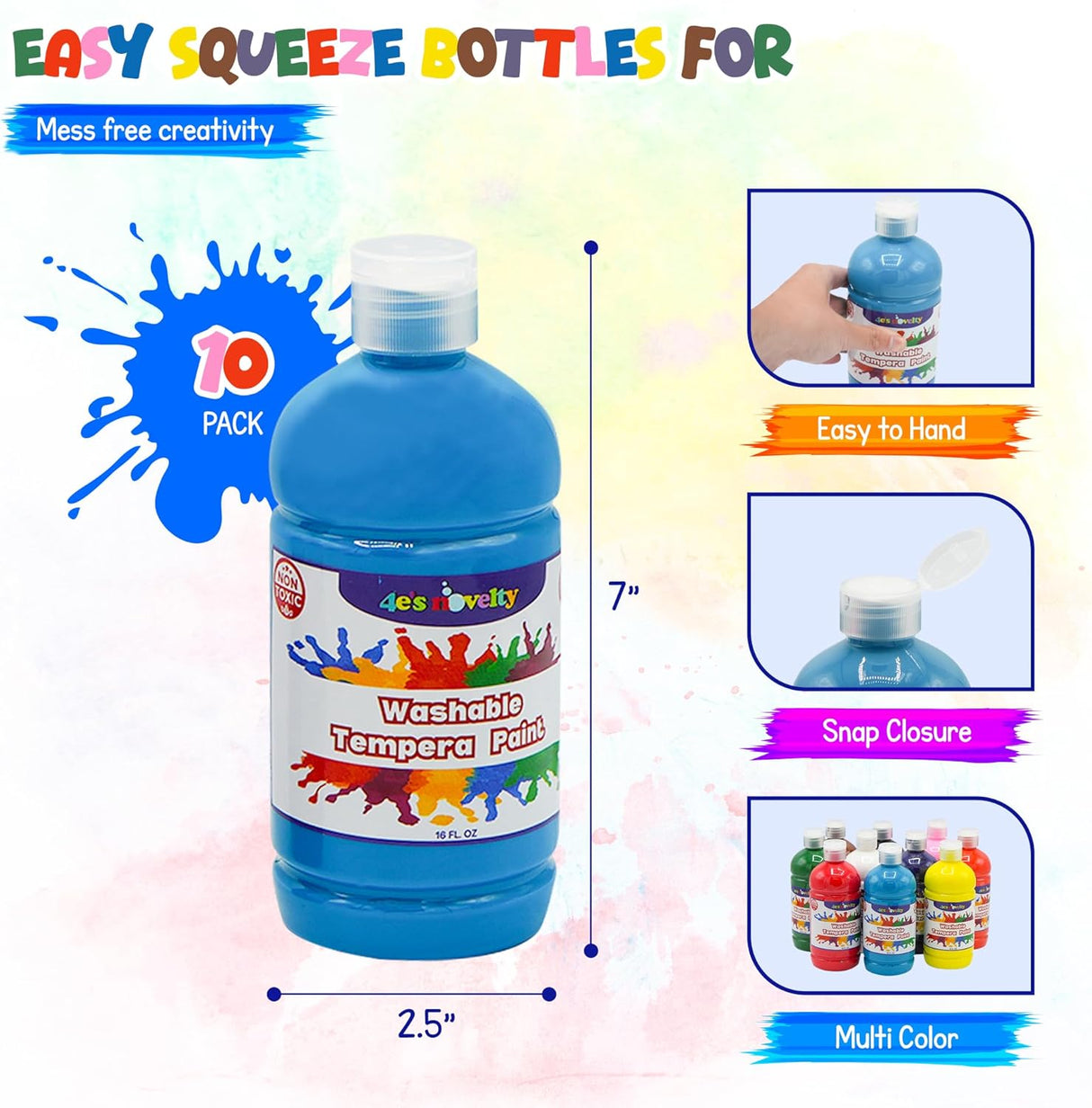 4E's Novelty Washable Tempera Paint Set for Kids – 10 Bright Colors