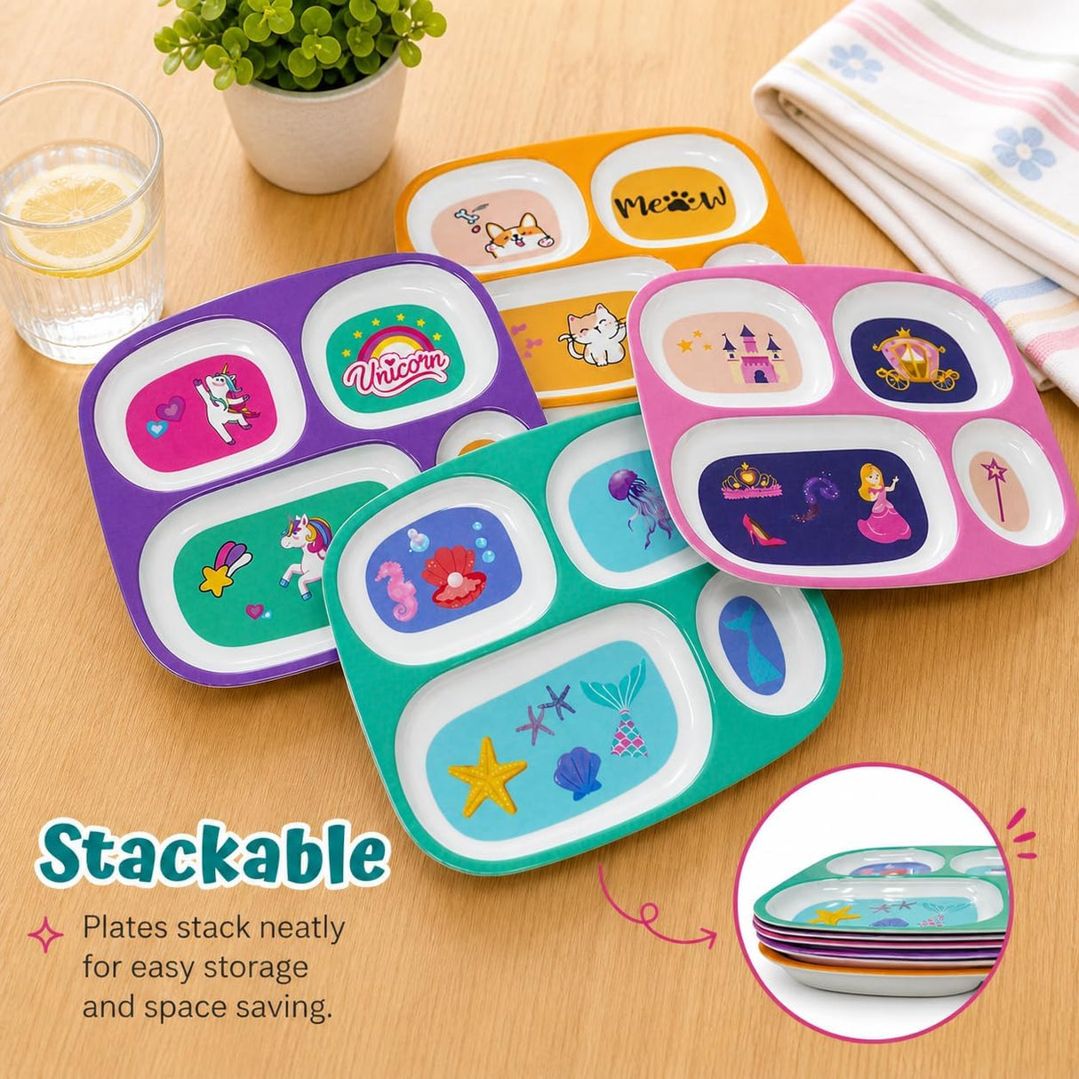 4 Kids Melamine Plates - Divided, BPA Free, Fun Themes
