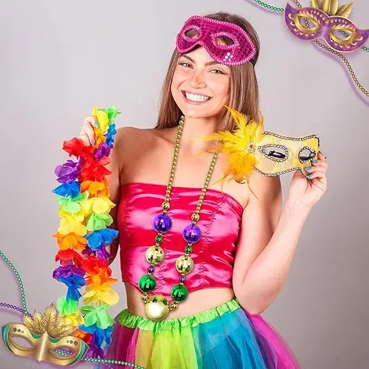 45E’s Novelty 2 Pack Jumbo Mardi Gras Beads Necklace – 44’’ Giant Disco Ball Beads Festive Colors for Party and Parade