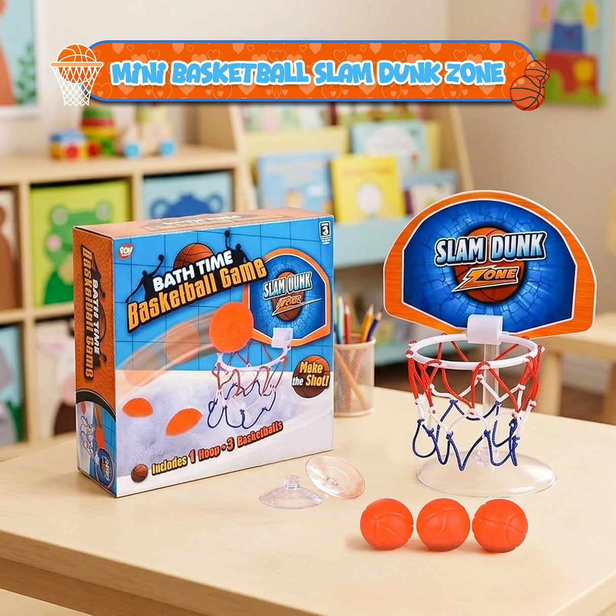 4E's Novelty 4 BallsBathtub Basketball Hoop for Kids 6" Tall Suction Cup Bath Toys