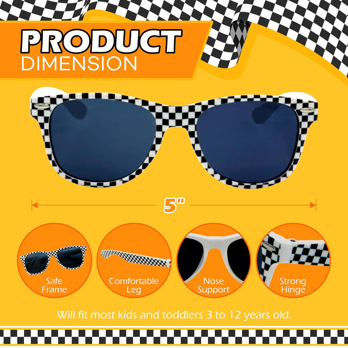 4E's Novelty 12 Pack Checkered Race Car Sunglasses - Party Favors for Kids & Adults