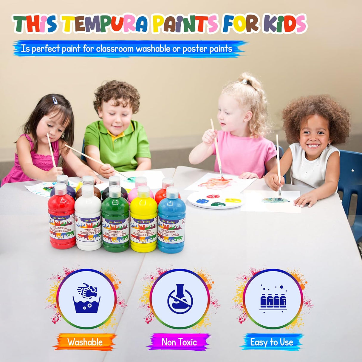 4E's Novelty Washable Tempera Paint Set for Kids – 10 Bright Colors