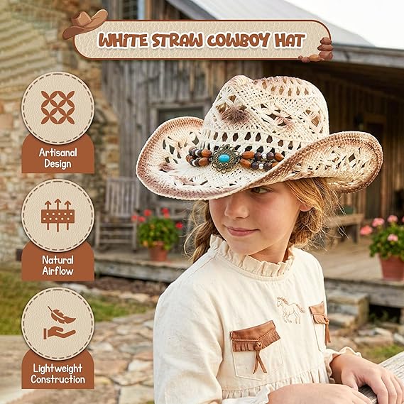 4E's Novelty White Cowboy Hat Straw For Women, Large Womens White Cowboy Hat