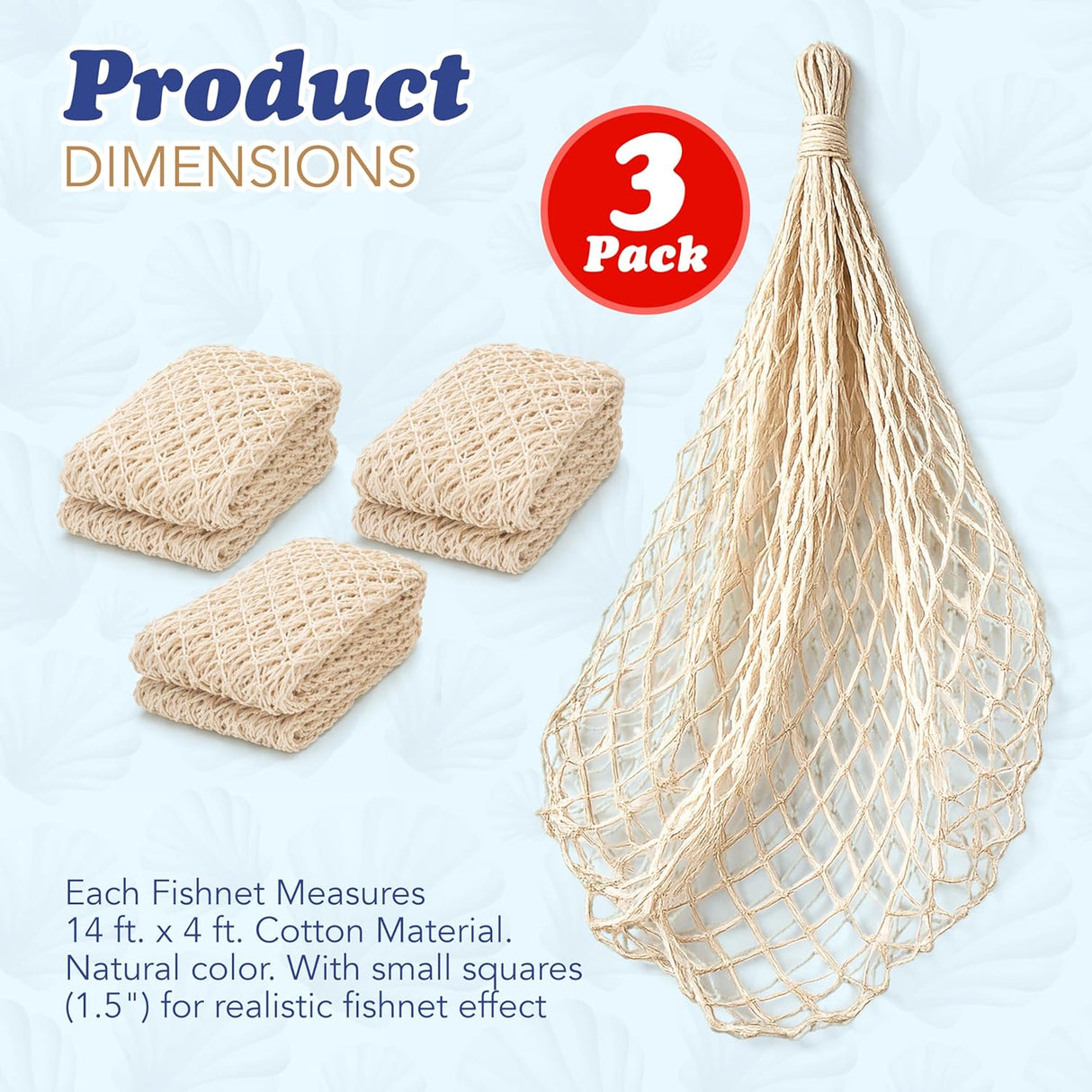 4E's Novelty Fish Net Decorative - Pack of 3 - Natural Cotton Fishnet Decor - Each 14 x 4 feet - for Mermaid Party Decorations, Luau Tropical Nautical Beach Table Cover